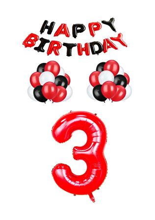 Siyah Kırmızı Happy Bırthday Kırmızı Rakam Folyo ve Latex Balon Seti Yaş 3