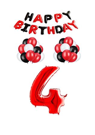 Siyah Kırmızı Happy Bırthday Kırmızı Rakam Folyo ve Latex Balon Seti Yaş 4