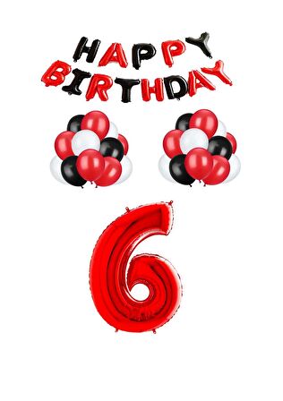 Siyah Kırmızı Happy Bırthday Kırmızı Rakam Folyo ve Latex Balon Seti Yaş 6