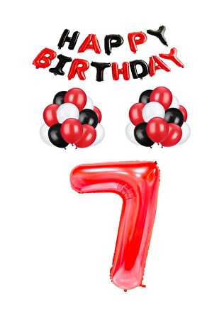 Siyah Kırmızı Happy Bırthday Kırmızı Rakam Folyo ve Latex Balon Seti Yaş 7