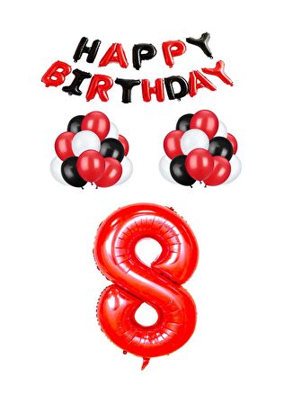Siyah Kırmızı Happy Bırthday Kırmızı Rakam Folyo ve Latex Balon Seti Yaş 8