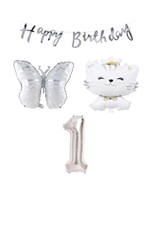 Happy Bırthday Banner Sevimli Kedi Kelebek ve Rakam Folyo Balon Seti Yaş 1