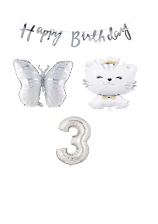 Happy Bırthday Banner Sevimli Kedi Kelebek ve Rakam Folyo Balon Seti Yaş 3