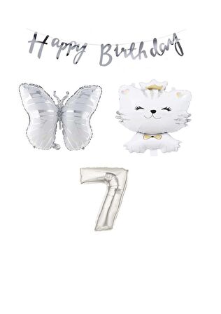 Happy Bırthday Banner Sevimli Kedi Kelebek ve Rakam Folyo Balon Seti Yaş 7