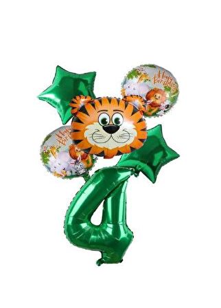 Yeşil Rakam Yıldız Kaplan Hayvan Folyo Balon Seti Yaş 4