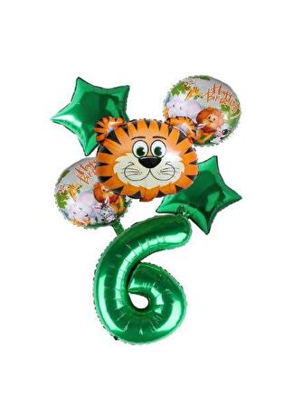 Yeşil Rakam Yıldız Kaplan Hayvan Folyo Balon Seti Yaş 6