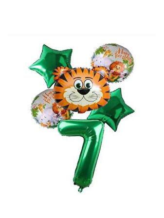 Yeşil Rakam Yıldız Kaplan Hayvan Folyo Balon Seti Yaş 7