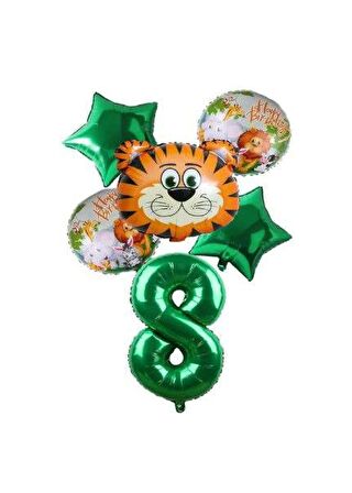 Yeşil Rakam Yıldız Kaplan Hayvan Folyo Balon Seti Yaş 8