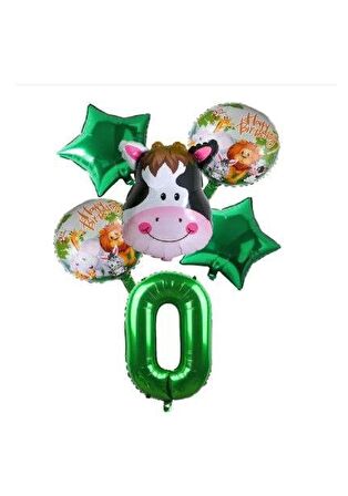 Yeşil Rakam Yıldız İnek Hayvan Folyo Balon Seti Yaş 0