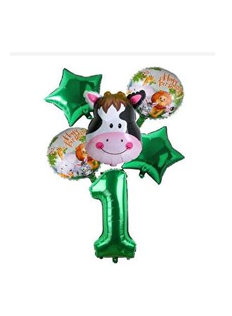 Yeşil Rakam Yıldız İnek Hayvan Folyo Balon Seti Yaş 1