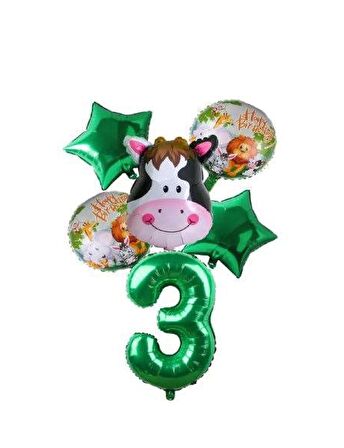 Yeşil Rakam Yıldız İnek Hayvan Folyo Balon Seti Yaş 3