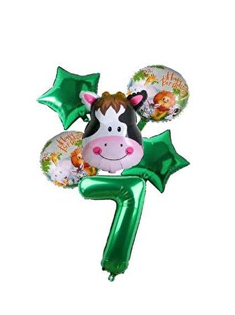 Yeşil Rakam Yıldız İnek Hayvan Folyo Balon Seti Yaş 7