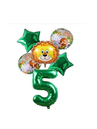 Yeşil Rakam Yıldız Aslan Hayvan Folyo Balon Seti Yaş 5