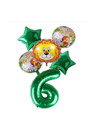 Yeşil Rakam Yıldız Aslan Hayvan Folyo Balon Seti Yaş 6