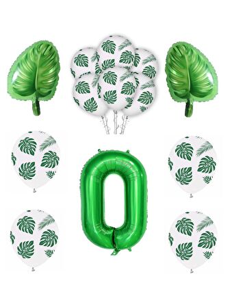 Yeşil Yaprak Baskılı Latex ve Yeşil Rakam Yaprak folyo Balon Seti Yaş 0