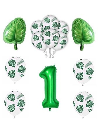 Yeşil Yaprak Baskılı Latex ve Yeşil Rakam Yaprak folyo Balon Seti Yaş 1