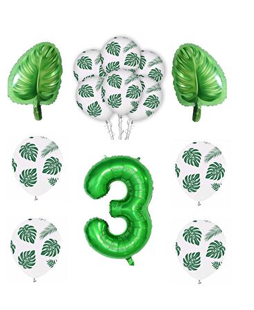 Yeşil Yaprak Baskılı Latex ve Yeşil Rakam Yaprak folyo Balon Seti Yaş 3