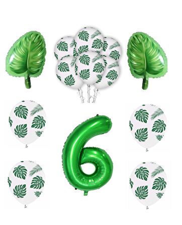 Yeşil Yaprak Baskılı Latex ve Yeşil Rakam Yaprak folyo Balon Seti Yaş 6