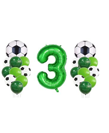 3 Yaş Futbol Temalı Yeşil Rakamlı Balon Seti