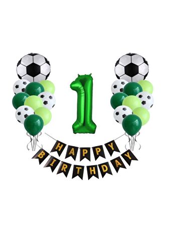 1 Yaş Futbol Temalı Yeşil Rakamlı Happy Bırthday Yazılı Doğum Günü Seti