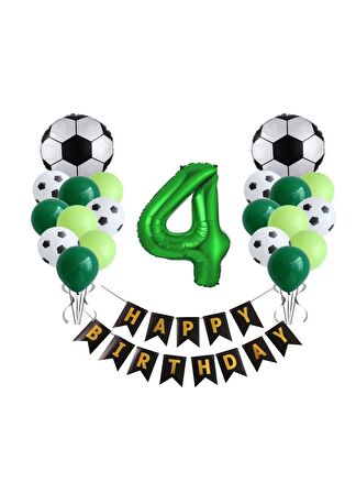 4 Yaş Futbol Temalı Yeşil Rakamlı Happy Bırthday Yazılı Doğum Günü Seti