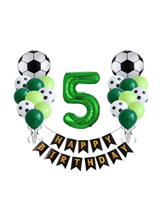 5 Yaş Futbol Temalı Yeşil Rakamlı Happy Bırthday Yazılı Doğum Günü Seti