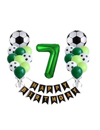 7 Yaş Futbol Temalı Yeşil Rakamlı Happy Bırthday Yazılı Doğum Günü Seti