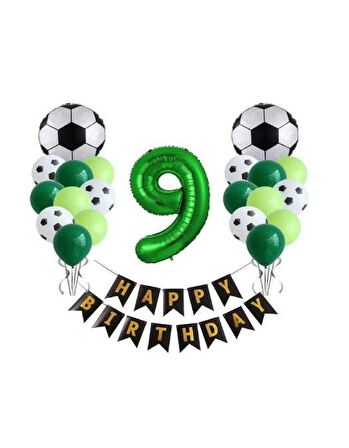 9 Yaş Futbol Temalı Yeşil Rakamlı Happy Bırthday Yazılı Doğum Günü Seti