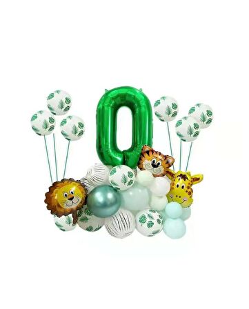 Safari Temalı Yeşil Rakamlı Folyo Balon Seti Yaş 0