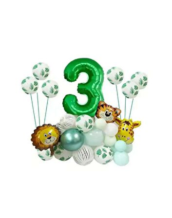 Safari Temalı Yeşil Rakamlı Folyo Balon Seti Yaş 3