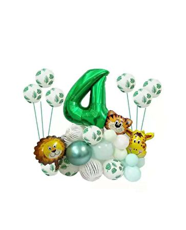 Safari Temalı Yeşil Rakamlı Folyo Balon Seti Yaş 4