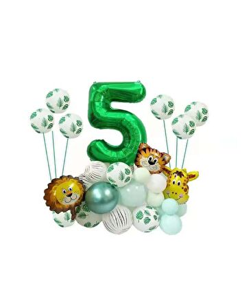 Safari Temalı Yeşil Rakamlı Folyo Balon Seti Yaş 5