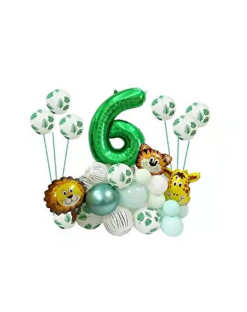 Safari Temalı Yeşil Rakamlı Folyo Balon Seti Yaş 6