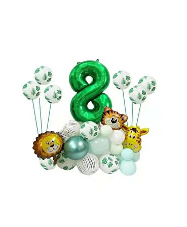 Safari Temalı Yeşil Rakamlı Folyo Balon Seti Yaş 8