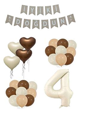 4 Yaş Bej Rakam Kalp Folyo Balon ve İyiki Doğdun Yazılı Doğum Günü Seti 
