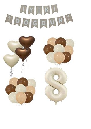 8 Yaş Bej Rakam Kalp Folyo Balon ve İyiki Doğdun Yazılı Doğum Günü Seti 