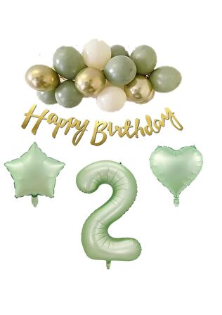 2 Yaş Happy Bırthday Yazılı Banner Su Yeşili Renk Rakam Kalp Yıldız Folyo ve Latex Balon Seti