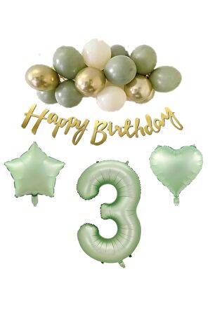 3 Yaş Happy Bırthday Yazılı Banner Su Yeşili Renk Rakam Kalp Yıldız Folyo ve Latex Balon Seti