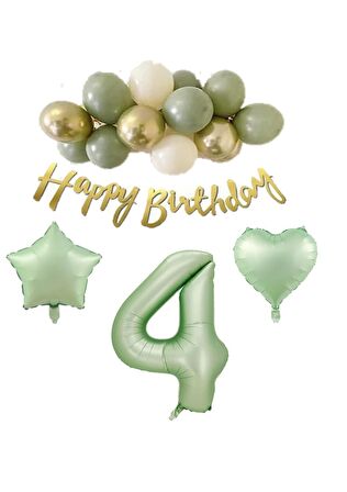 4 Yaş Happy Bırthday Yazılı Banner Su Yeşili Renk Rakam Kalp Yıldız Folyo ve Latex Balon Seti