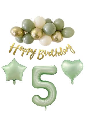 5 Yaş Happy Bırthday Yazılı Banner Su Yeşili Renk Rakam Kalp Yıldız Folyo ve Latex Balon Seti