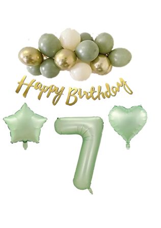 7 Yaş Happy Bırthday Yazılı Banner Su Yeşili Renk Rakam Kalp Yıldız Folyo ve Latex Balon Seti