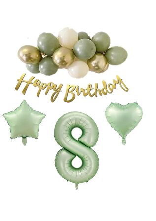 8 Yaş Happy Bırthday Yazılı Banner Su Yeşili Renk Rakam Kalp Yıldız Folyo ve Latex Balon Seti