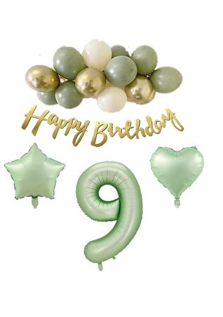 9 Yaş Happy Bırthday Yazılı Banner Su Yeşili Renk Rakam Kalp Yıldız Folyo ve Latex Balon Seti