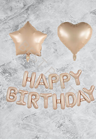 Kum Beji happy Bırthday Kalp Yıldız Folyo Balon Seti