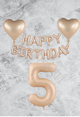 Kum Beji Kalp Happy Bırthday Rakam Folyo Balon Seti Yaş 5