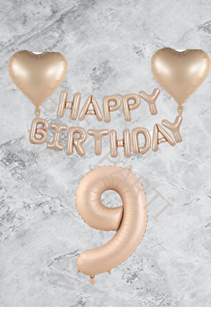 Kum Beji Kalp Happy Bırthday Rakam Folyo Balon Seti Yaş 9