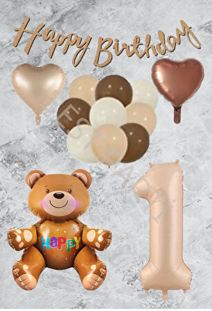 Kum Beji Rakam Kalp Ayıcıklı Folyo Balon Seti Yaş 1