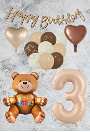 Kum Beji Rakam Kalp Ayıcıklı Folyo Balon Seti Yaş 3