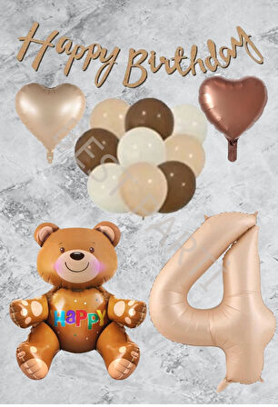 Kum Beji Rakam Kalp Ayıcıklı Folyo Balon Seti Yaş 4