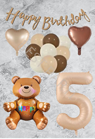 Kum Beji Rakam Kalp Ayıcıklı Folyo Balon Seti Yaş 5